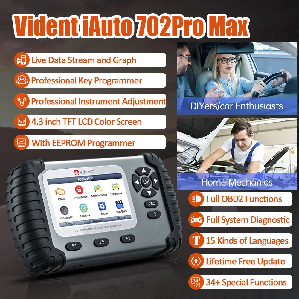 Vident IAuto702 Pro MAX OBD2 Scanner Automotive Diagnostic Tool All System Active Test Code Reader Key Coding Tool 1 Year Cars