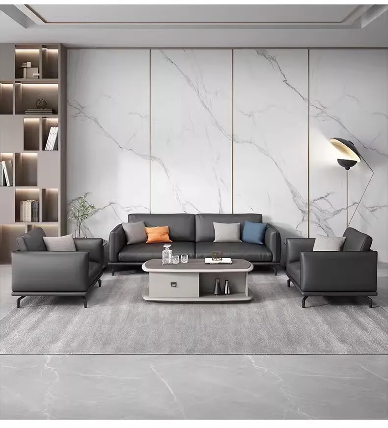 Modern Solid Wood Office Sofa and Coffee Table Combination for Commercial Use in Villa and Business Reception Rooms