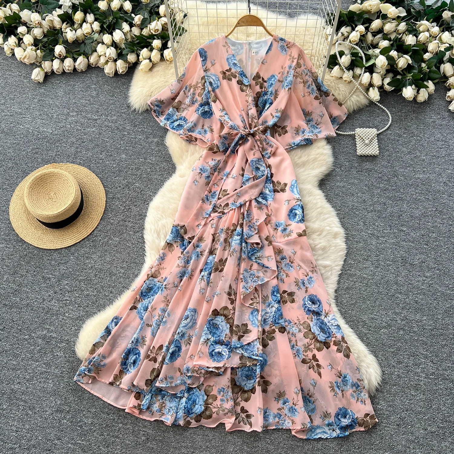 Women's Wrap Midi Dress (Floral)