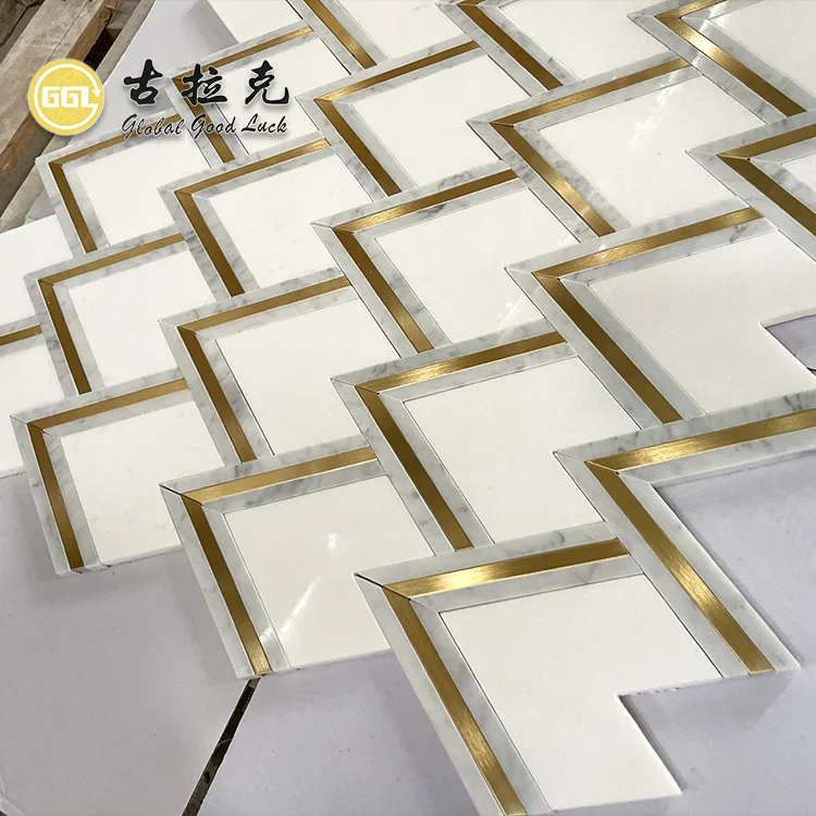 Modern design Arrow shape Thassos white waterjet Marble mix brass mosaic tile for wall and floor