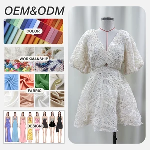 Customized Vestido Manufacturer Fashion V Neck Flower Embroidery Printed Short Puff Sleeve Summer Boho Ladies Mini Dress Women