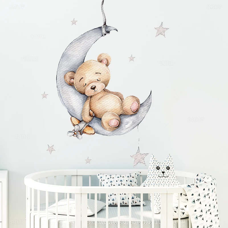 Ours En Peluche Dormir Sur La Lune Et Les Etoiles Autocollants Muraux Pour Chambre D Enfants Stickers Decoratifs Pour Interieur De La Chambre De Bebe 19 Buy De Couchage En Peluche Ours Stickers Muraux Bande Dessinee