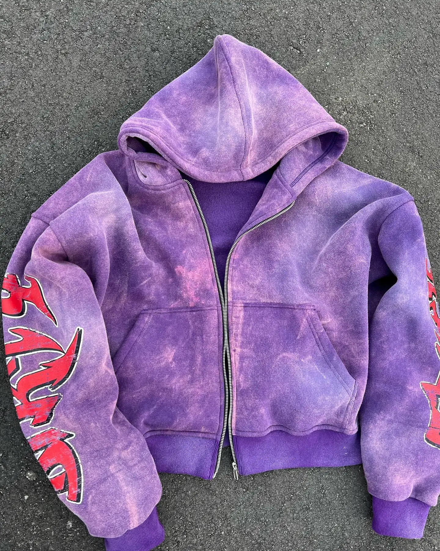 Custom Zip Jacket Cotton French Terry Print Heavy Weight Oversized Stone Sun Faded Distressed Vintage Acid Wash Hoodies for Men gallery 7