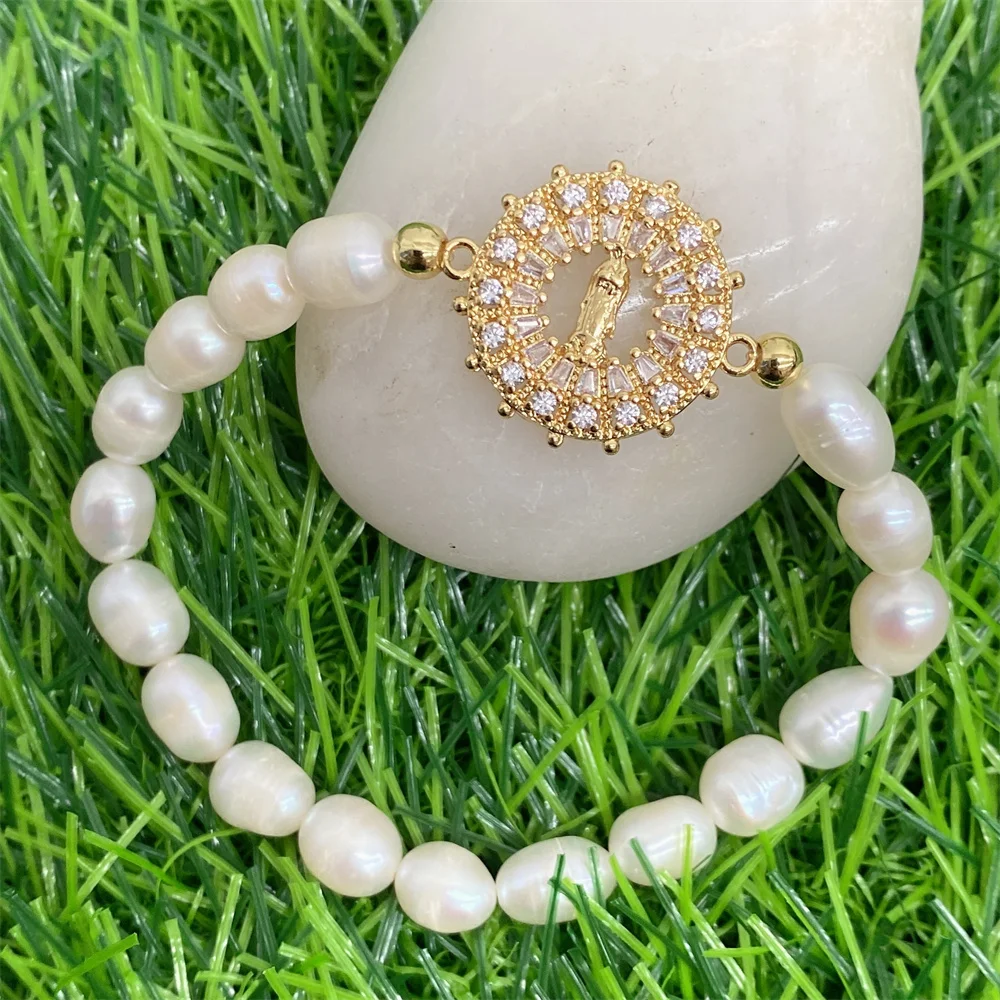 18K Gold Plated Micro Pave CZ Virgin Mary Charm Freshwater Pearl Beaded Stretch Bracelets for Women Religious Fashion Jewelry