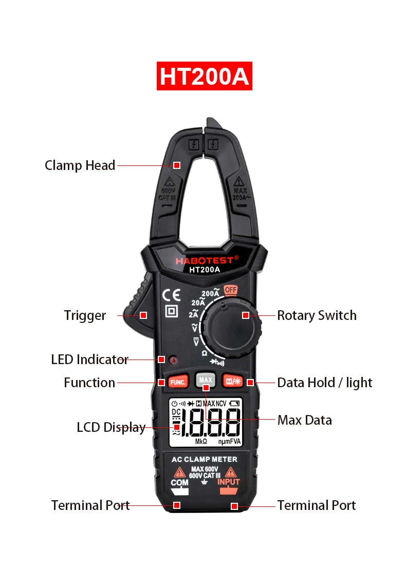 HABOTEST HT200A Clamp Meter Digital Amperometric Clamp Auto Range Voltage Meter Voltmeter Ammeter Transistor Tester 600V 200A