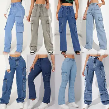 Wholesale fashion Women's Pants Trousers Casual Custom Logo Cargo Boyfriend Denim Wide Leg Pants Jeans For Ladies Pants Women