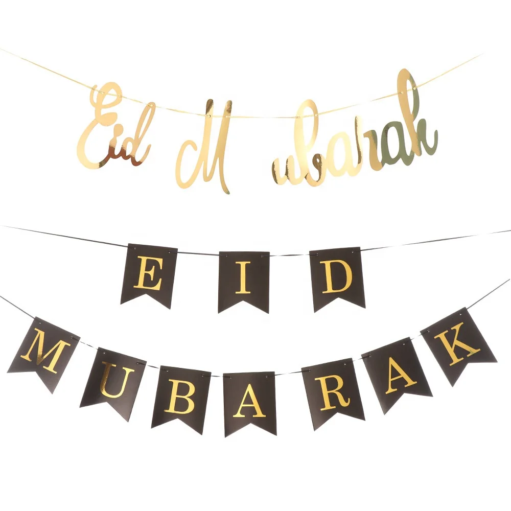 Hot Ramadan Decoration EID MUBARAK Paper Banner  for Home Garland Muslim Festival Ramadan Gold Black EID Banner Decoration