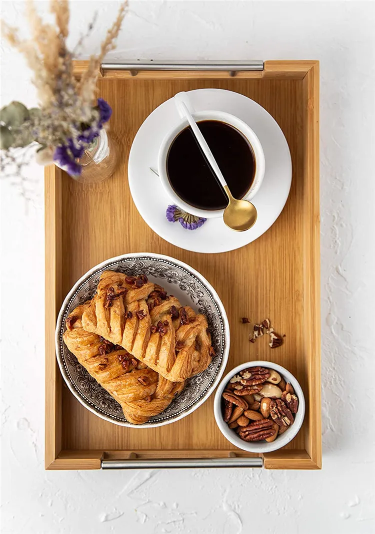 Bamboo Handmade Wood rectangular Serving Tray with metal handle