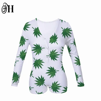 Custom Adult Sexy Onesie Pajama Jumpsuit Long Sleeves White Cannabis Leaves pj Onesies for Women