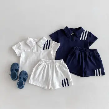Summer 2024 New children polo Collar top Western style leisure sports children's clothing lapel two-piece suit