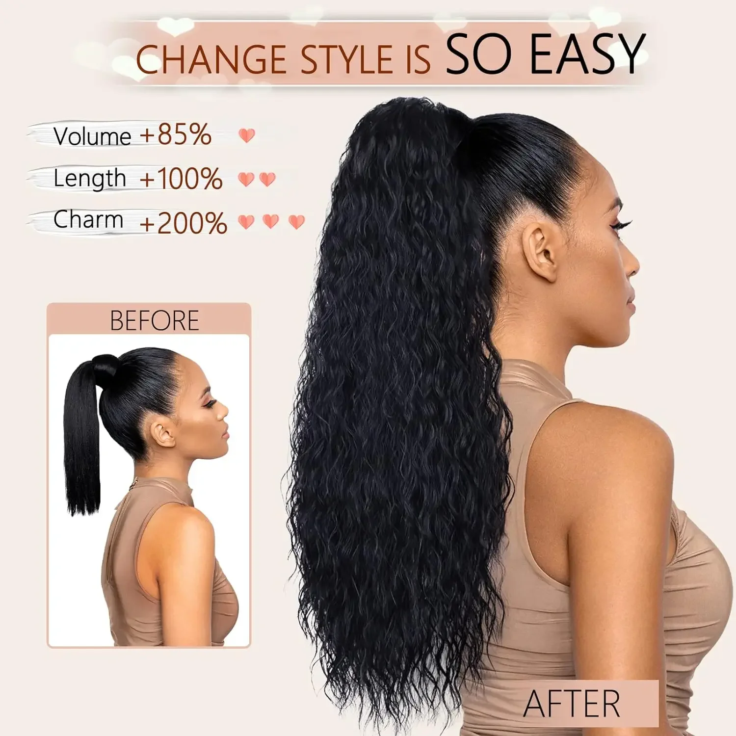 Brazilian Kinky Straight Drawstring Ponytail Natural Black 100% Human Hair Clip in Extensions for Women_voghion.com
