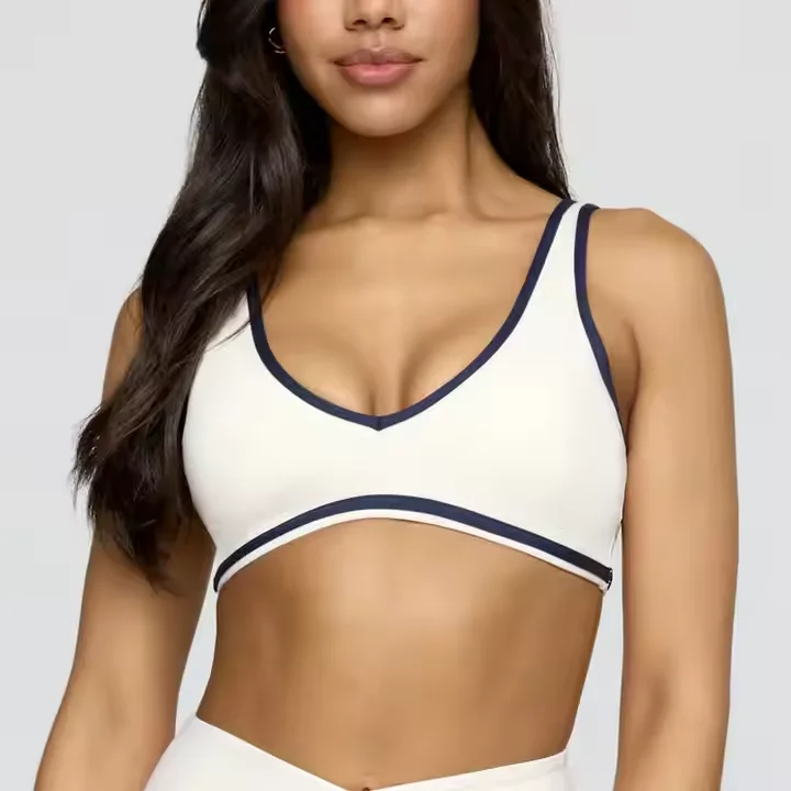 OEM Manufacturers Contrast Color 4-Way Stretch V Neck Yoga Crop Tank Top Plain Breathable Gym Fitness Sports Bra for Women