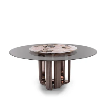 Italian modern luxury round tempered glass dining table set with table and chair with rotating center