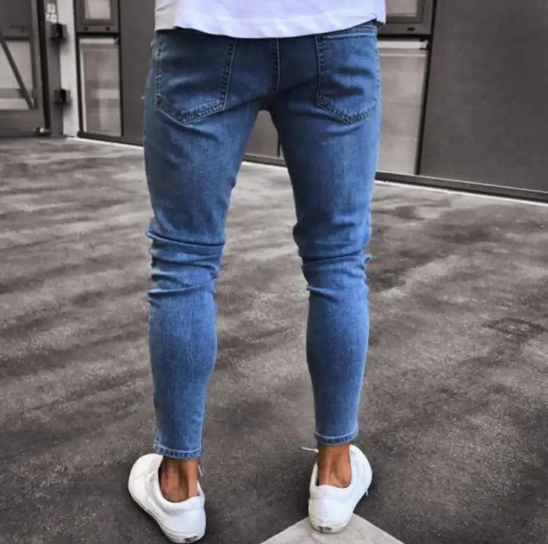Four Seasons Youth Fashion Jeans Men's Tight Stretch Pencil Pants Denim Cotton Frayed Sports Letters Trousers Badge Men's Pants