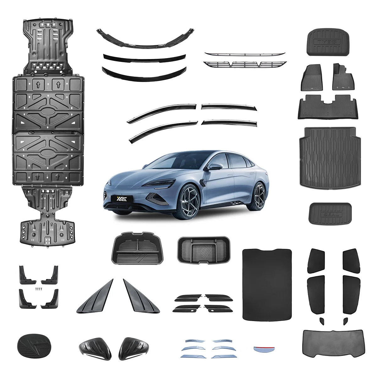 إكسسوارات خارجية للسيارة لـ BYD Seal 7 DM-I، مجموعة إكسسوارات طقم هيكل لوحة المحرك والبطارية ومراية الجناح وأجزاء خارجية
