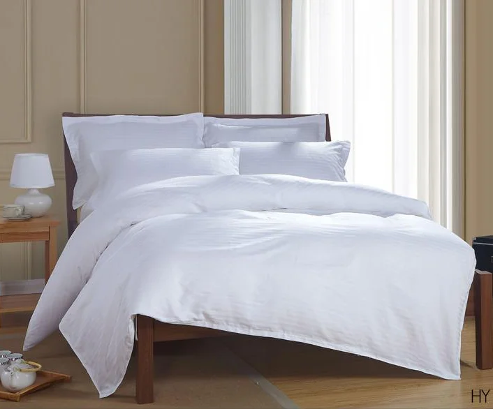 100% Cotton White Stripe Satin Bedding Set King Size Bedsheets Bedding Set for Hotel Woven 40 Disposable Solid Grade a QJ Sateen