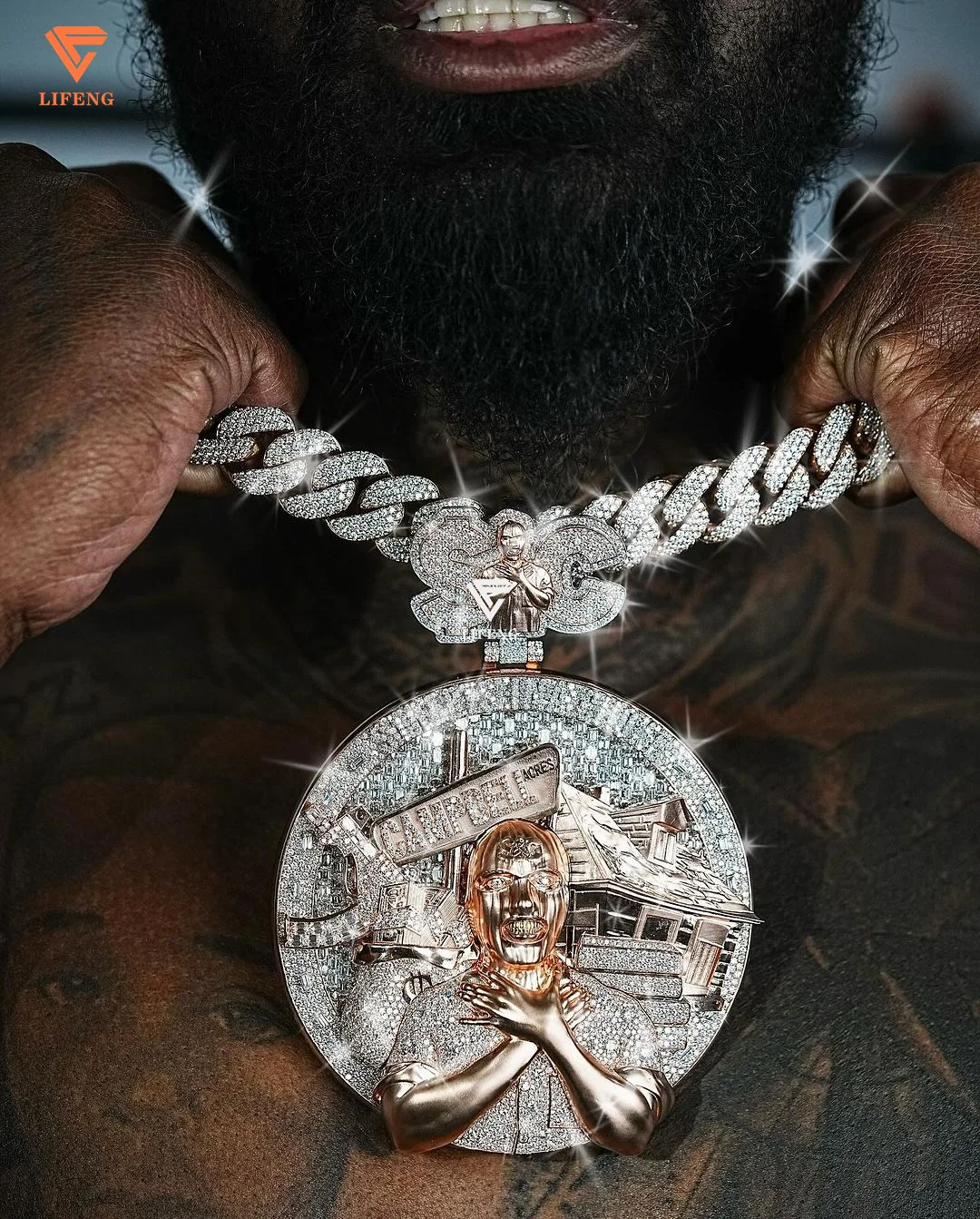 Lifeng Jewelry Hiphop Design Large Moissanite Pendant Custom 18k Gold  Silver Two Sides Rapper Luxury Charm