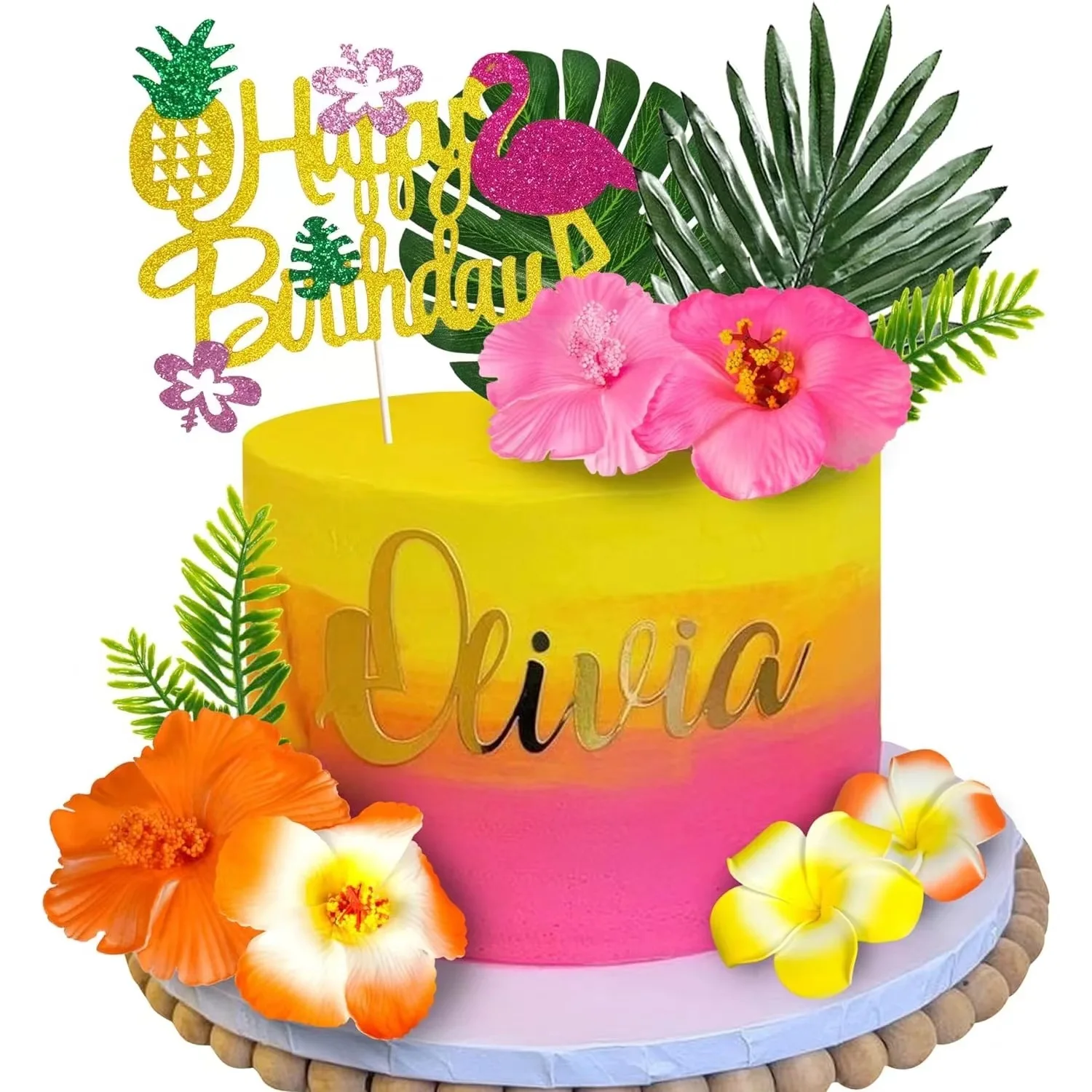 Hawaiian Flower Cake Decoration Hibiscus Flower Palm Leaf Happy Birthday Flamingo Cake Topper