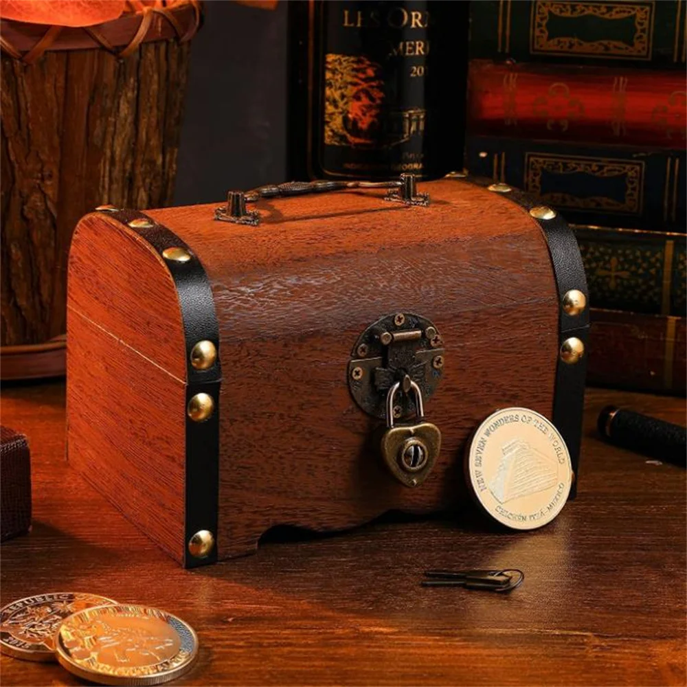 Retro Style Wooden Money Storage Box Gift Treasure Chest and Piggy Bank