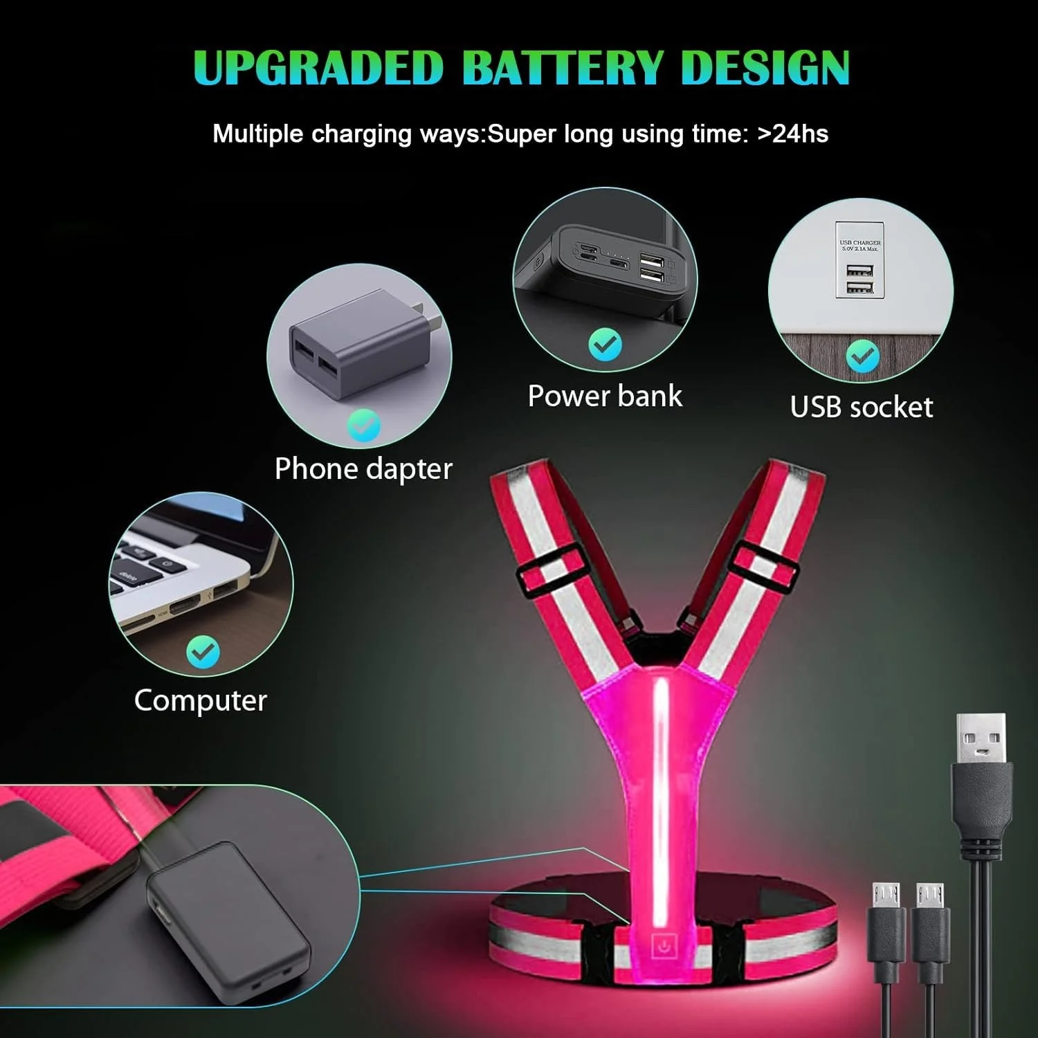 USB Rechargeable LED Light Vest High Visibility Customizable Logo Nylon Polyester Running Gear Jacket Adjustable Reflective