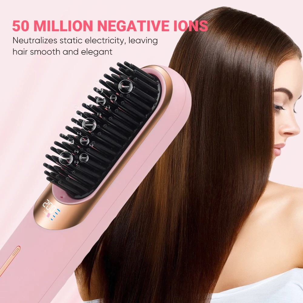 Mini Flat Iron Hair Straightener Brush Comb Portable Negative Ion