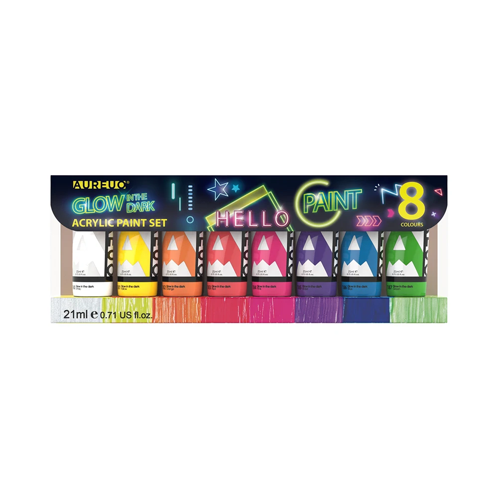 フェニックス8色21ml防水蛍光発光絵画暗闇で光るアクリル絵の具セット