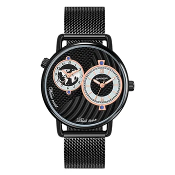 Dual Time Zone Design Big Dial Quartz Men's Fashion Stainless Steel Mesh Strap Casual Mens Watch Masculino montre