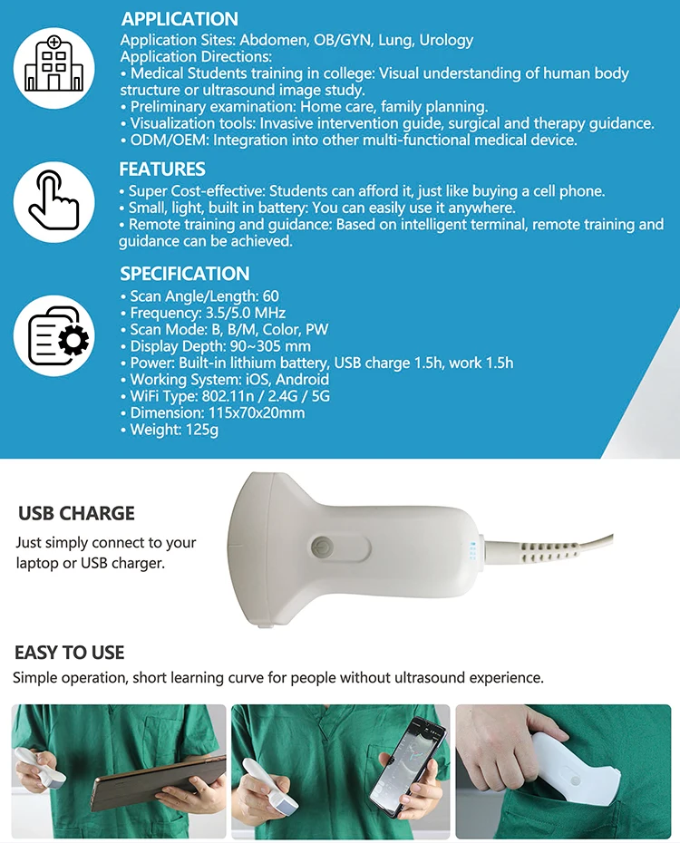 Portable Dual Scanner Wireless Ultrasound Linear Probe 128 Elements High Frequency Handheld Electric Power Made Metal Plastic