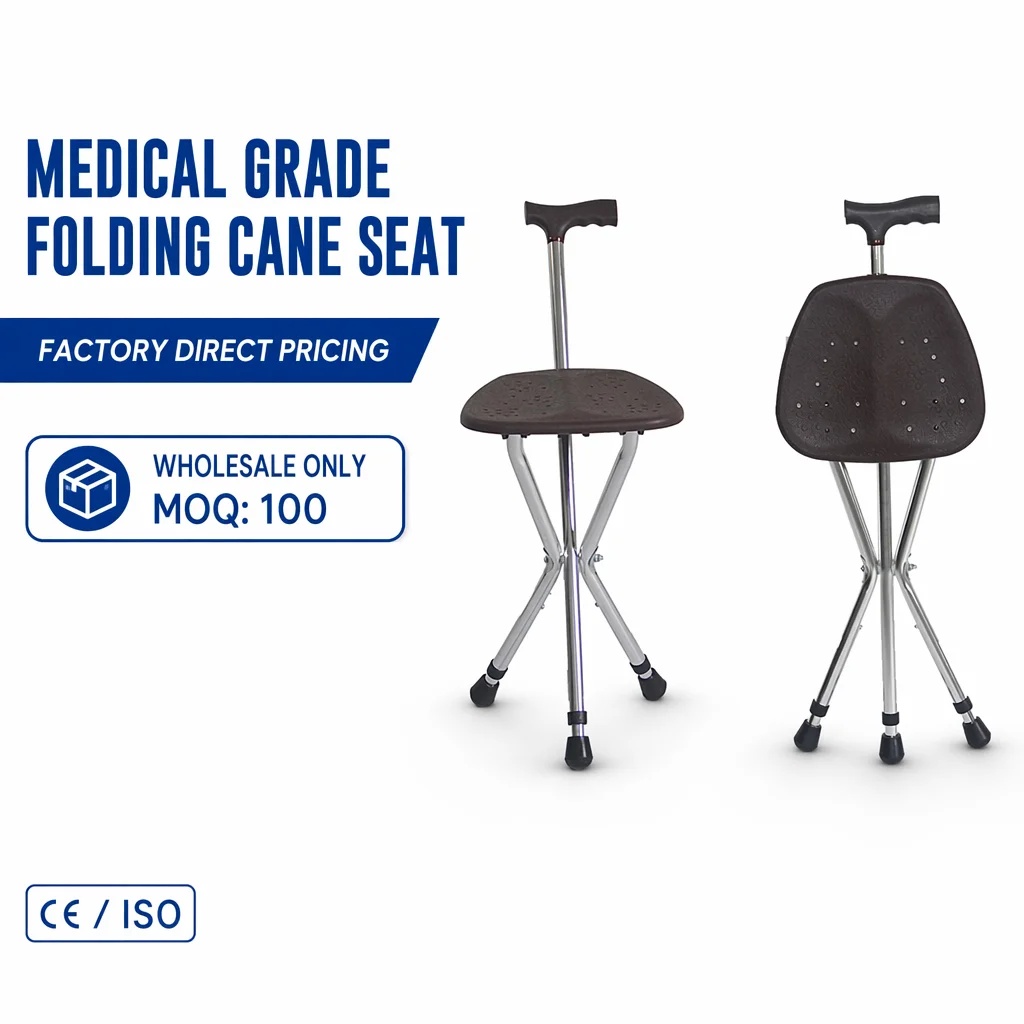 Foldable Lightweight Adjustable Telescopic 3 Feet Portable Anti slip Rubber Cane Folding Cructh Chair Walking Cane with Seat