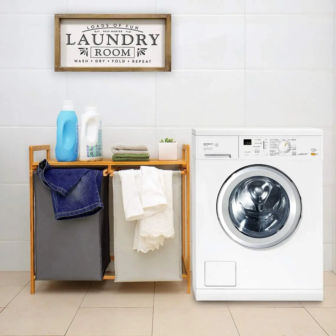 Двойная корзина для белья из бамбука двухсекционная с полкой большой