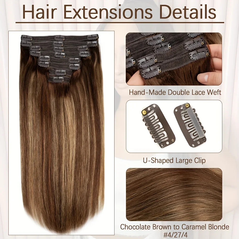 Straight Clip in Hair Extensions 100% Real Human Hair Brown Highlights Blonde Clip In Remy Human Hair Extension For Women_voghion.com