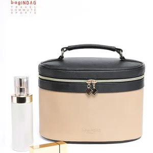 Hot Selling Leather Portable Makeup Bag Round Cosmetic Organizer Bag Large Capacity Makeup Case with Handle Double Layer