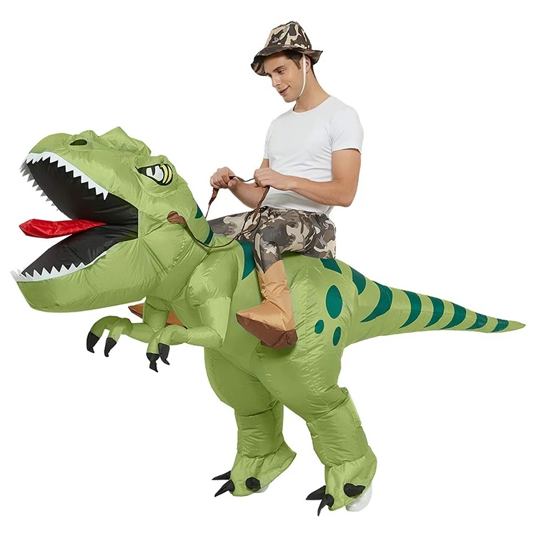 man riding dinosaur costume