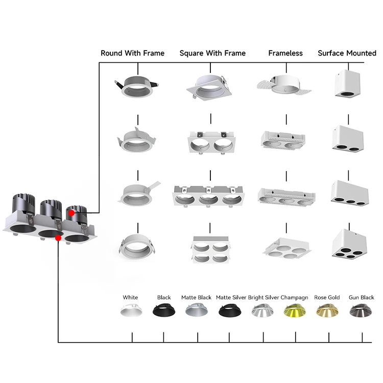 Led Multi-Colored Recessed Spot Light Cover Square Shape Types Ceiling Square Light Frame Plaster in Downlight Black Spotlight