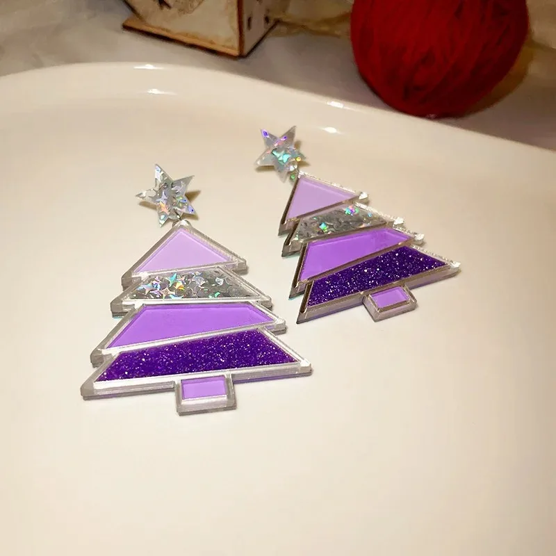 Geometric Acrylic Christmas Tree Drop Earrings Statement Women Gradient Pink Purple Blue Sequin Dangle Earring Wedding Jewelry