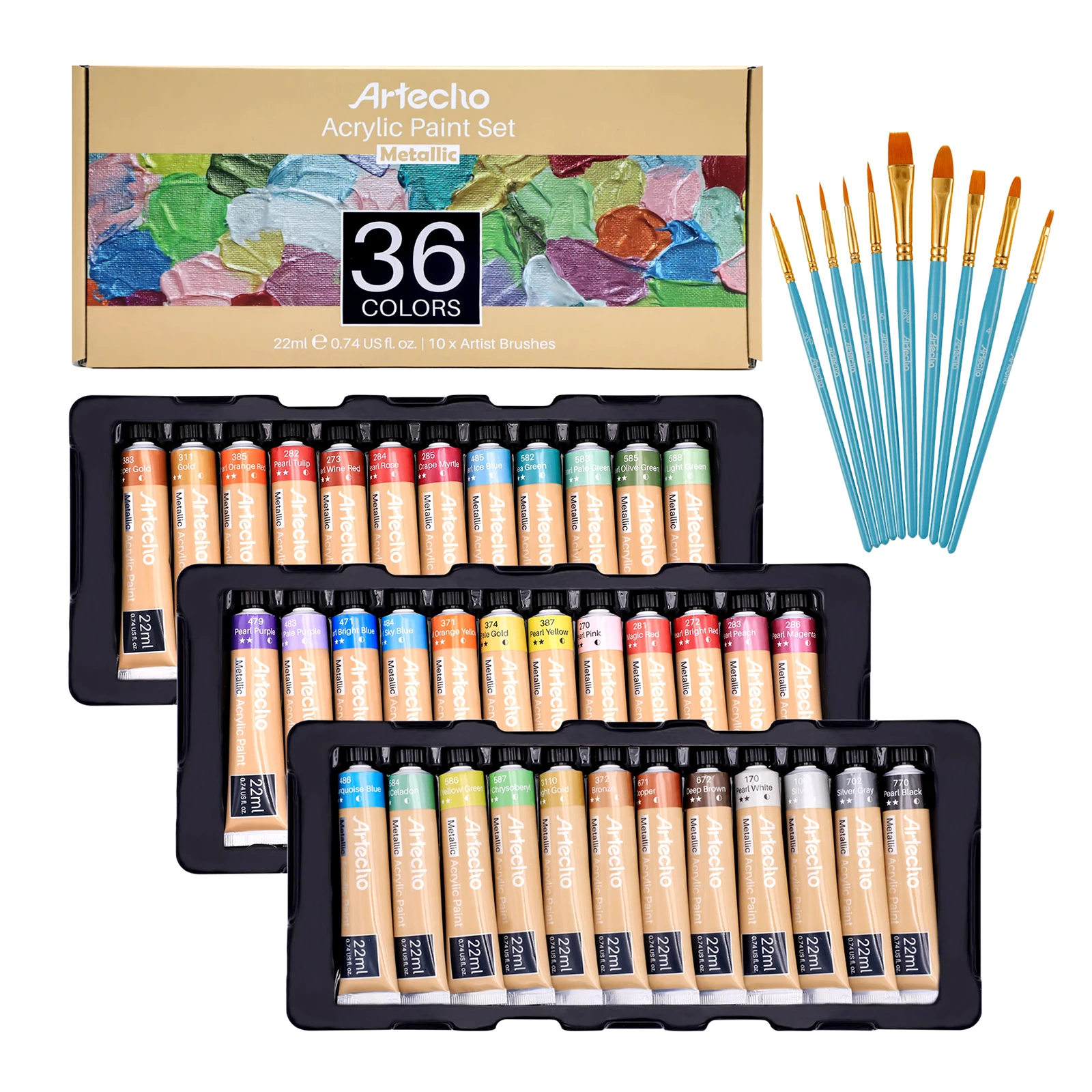 Metallic Acrylic Paint, Set of 36 Colors, 0.74 Oz/22 Ml Tubes with Storage  Box