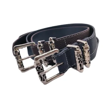 New silver alloy carved roller hollowed needle buckle PU belt punk high street men's and women's fashion trend