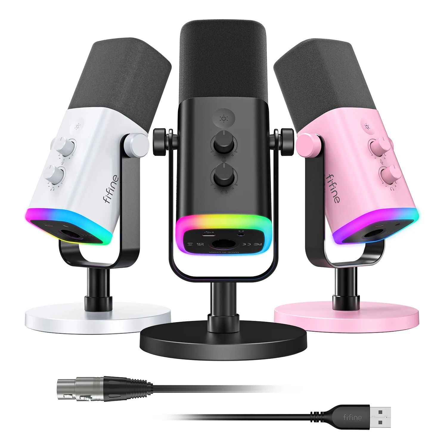 Fifine AMPLIGAME AM8 RGB USB/XLR Microphone - Dynamic Mic - Pink