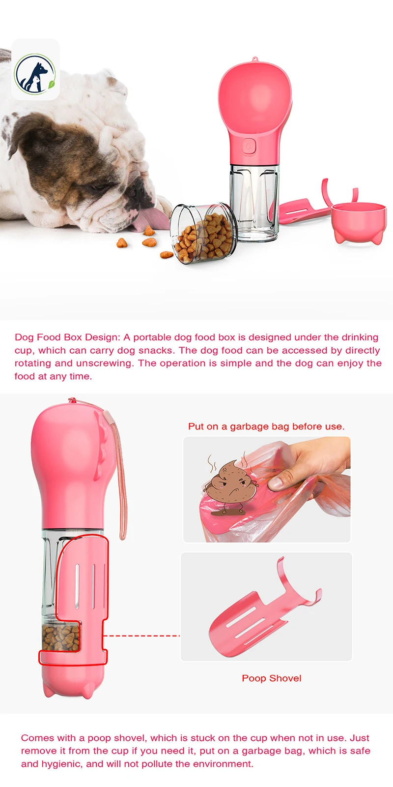 Multifunction 3 in 1 Pet Feeder Portable Dog Water Bottle with Poop Bags for Dog Outdoor Travel