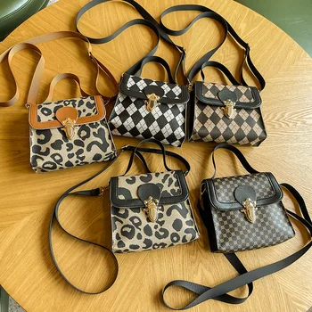 Women's trend plaid handbag 2024 new print lock bag splicing color single shoulder diagonal small square bag
