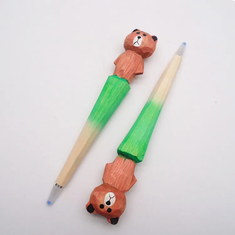 Ручка шариковая деревянная с гелевыми чернилами животное жираф свинка Сова птица волк овечка слон корова гиппопотама риноceros кролик резьба по дереву