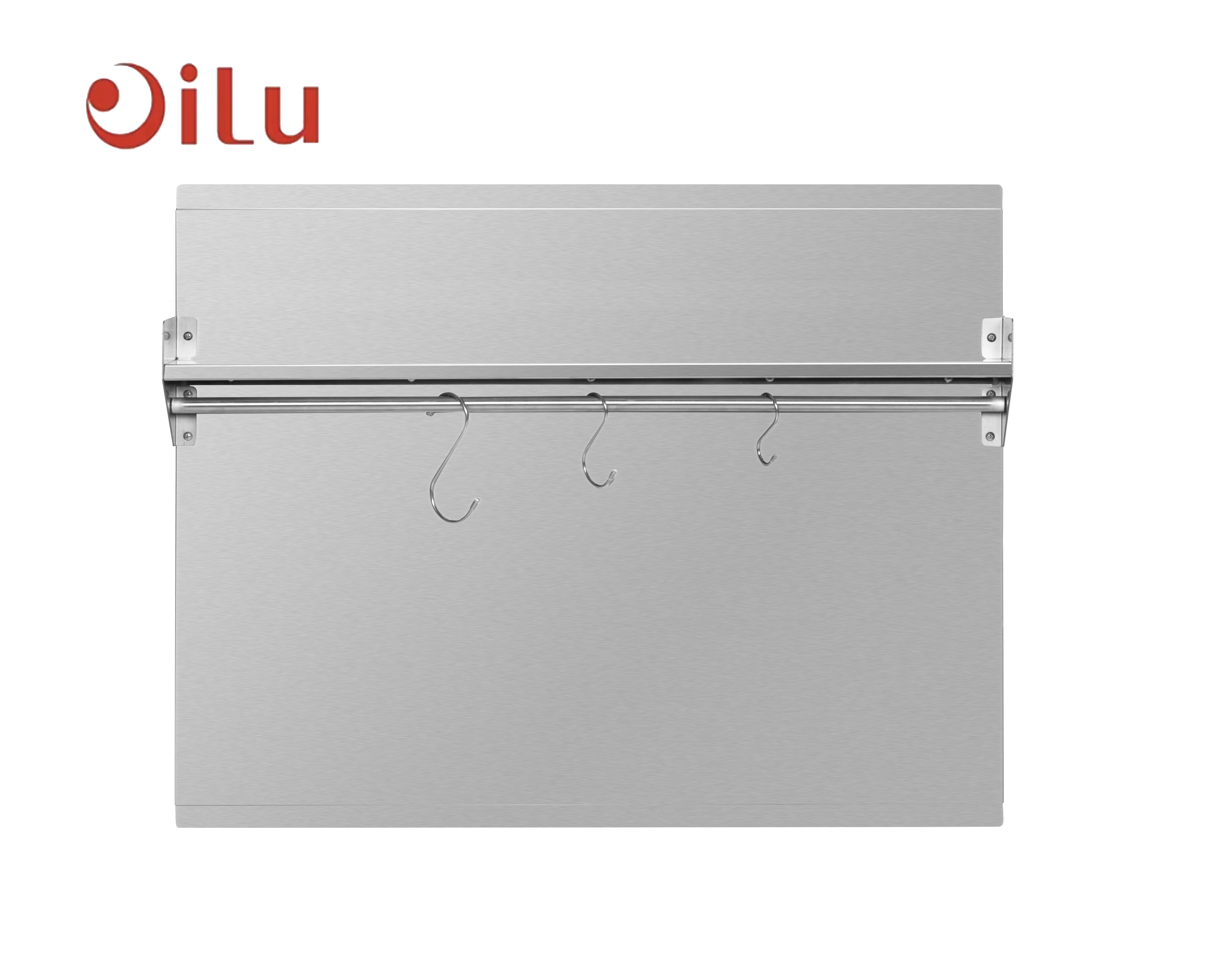 Tablero de acero inoxidable antiadherente, resistente al calor y apto para alimentos, con ganchos y superficie de colocación para uso en la cocina.