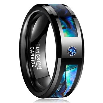 Wholesale 8mm Stainless Steel Black Tungsten Abalone Shell Zircon Inlay Wedding Ring for Men