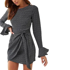 Women's Casual Summer Streetwear Woven Polka Dot Print Mini Dress Long Sleeves with Flounce Cuff & Faux Wrap Digital Printing