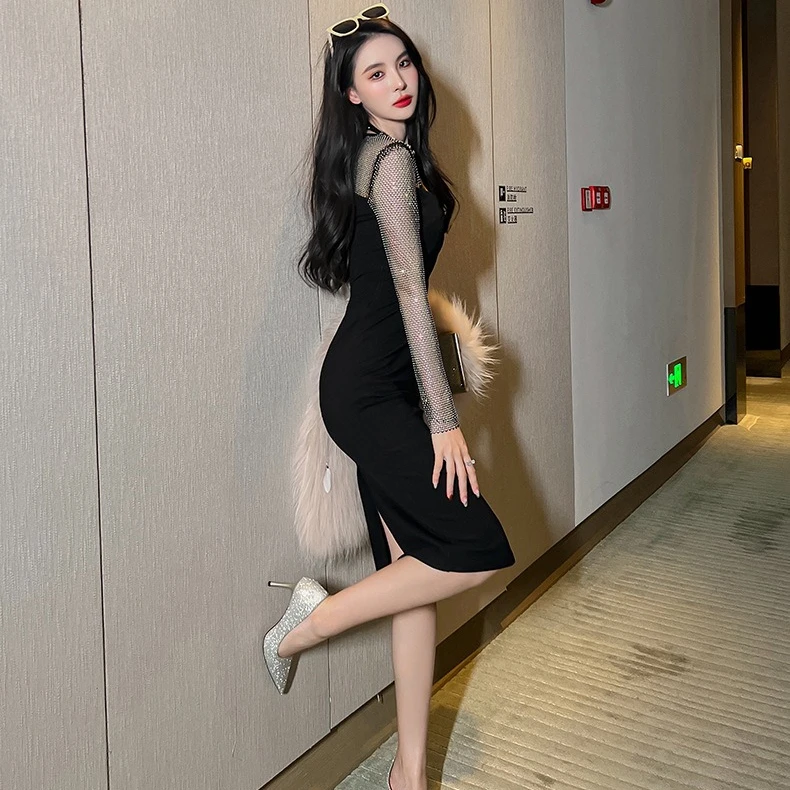 ZYHT 20004 2025 Spring New Cross Border Female Hepburn Style Temperament Black Mesh Long Sleeve Stitching Tight Dress for Women