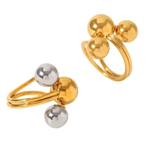 MW Minimalist 18k PVD Gold Plated Statement Bead Ring Stainless Steel Three Ball Open Ring Stainless Steel Gold Rings