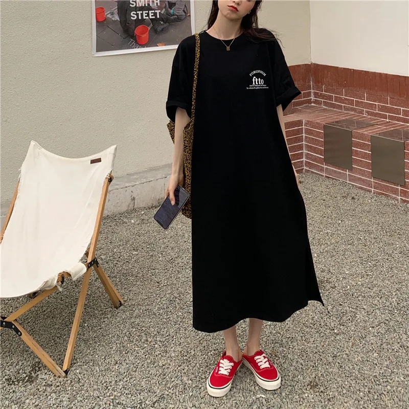 Wholesale Summer Korean Fashion Casual Long Loose Dress Women Oversized  Cotton Maxi Split T Shirt Dress Women