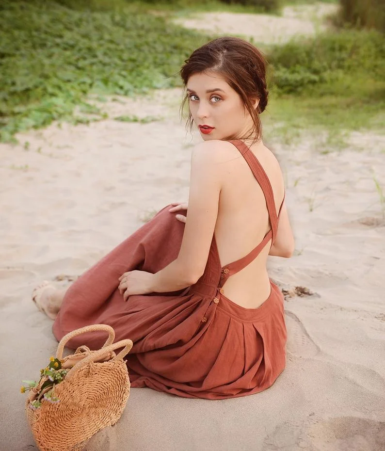 Bridesmaid Linen Cross Back Midi Dress With Side Buttons & Square Neck  Perfect Dress For Beach Wedding Or Any Occasion