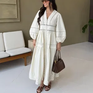 2025 Spring New Women's Elegant Lace Hollow Long Dress Solid V-Neck Patchwork Puff Sleeve Bodycon Woven Floor-Length Lady Robes