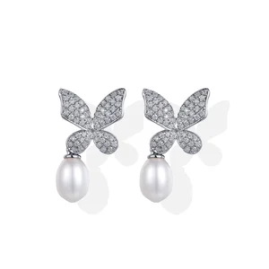 Full Zircon Inlaid Fashion Jewelry 9k Gold Butterfly Daily Wear Pearl Stud Earrings